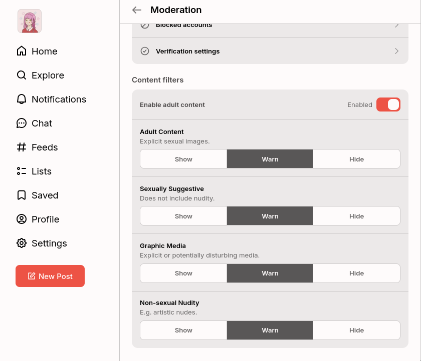 Witchsky interface, showing @vikanezrimaya.xyz logged in, with age assurance neutered — moderation settings are fully accessible