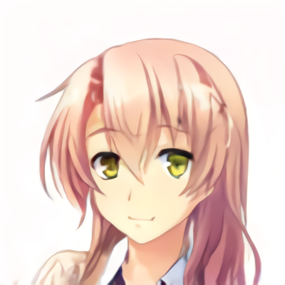 An AI-generated image: anime-styled girl with pink hair and yellowish-green eyes, dressed in a white shirt with a blazer