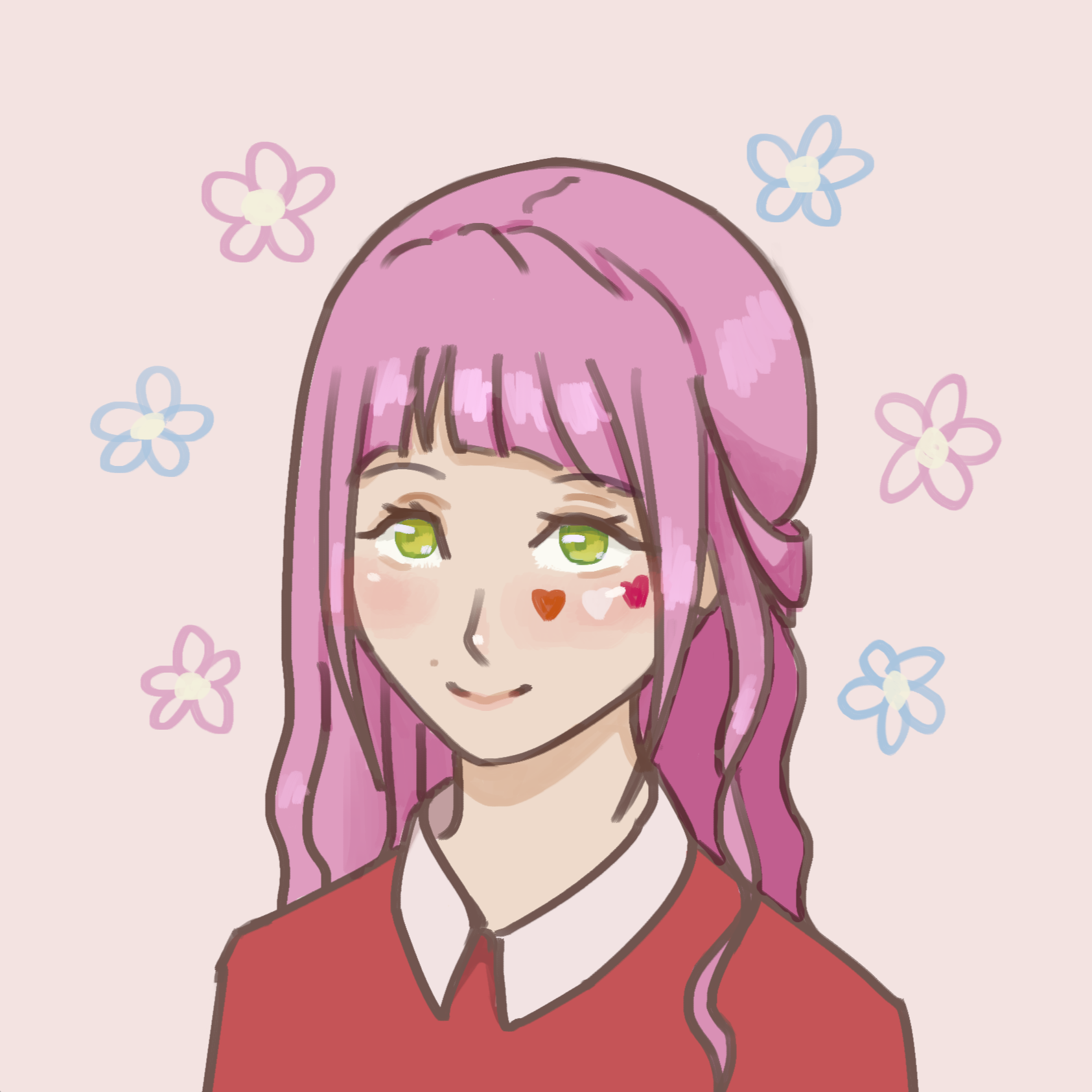 Drawing: anime-styled girl with pink hair and yellowish-green eyes, with flowers in transgender flag colors around and hearts painted on right cheek with lesbian flag colors